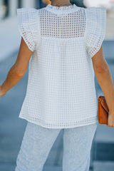 Grid V-Neck Ruffle Shoulder Frill Trim Top - Shah S. Sahota