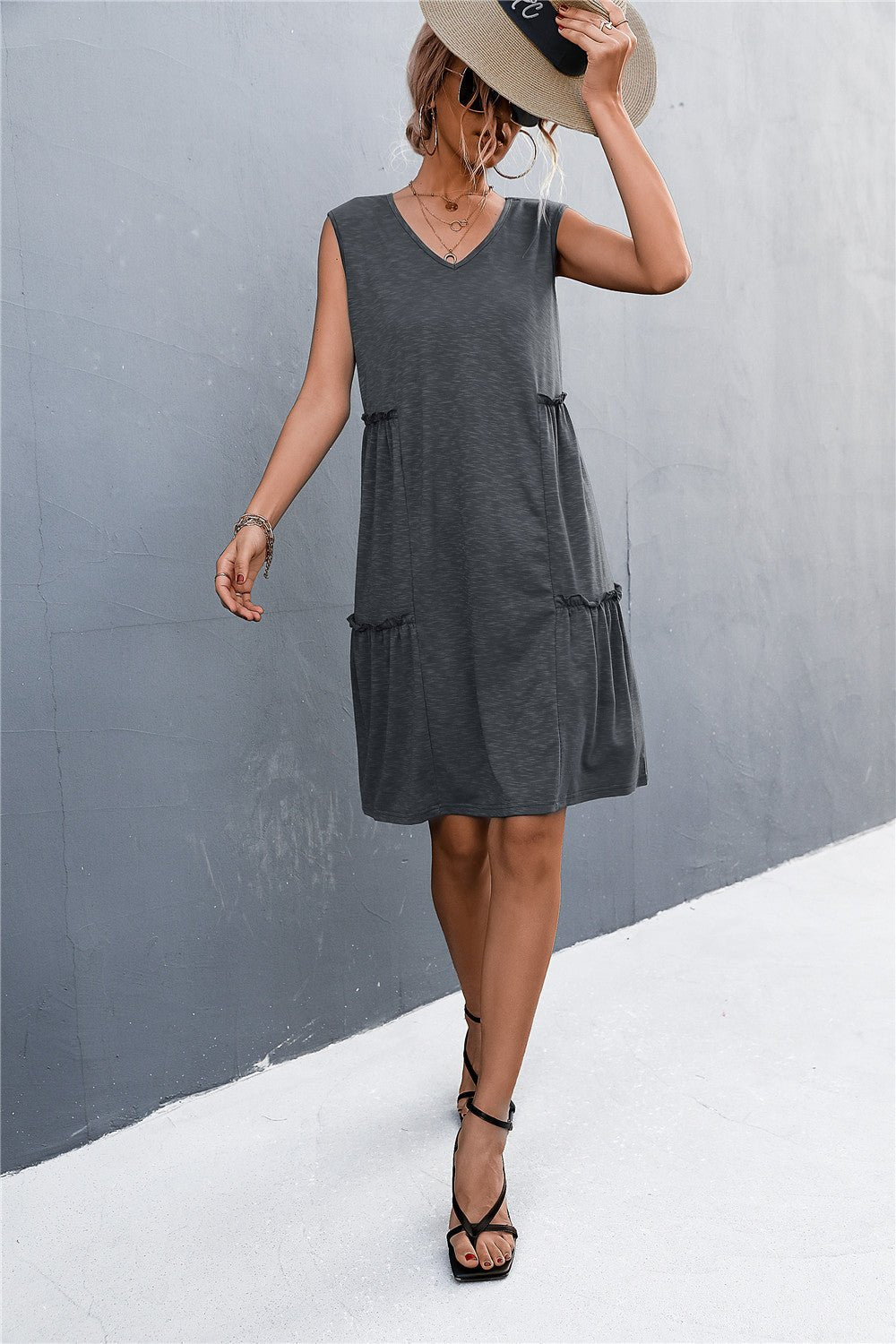 V-Neck Frill Trim Sleeveless Dress - Shah S. Sahota