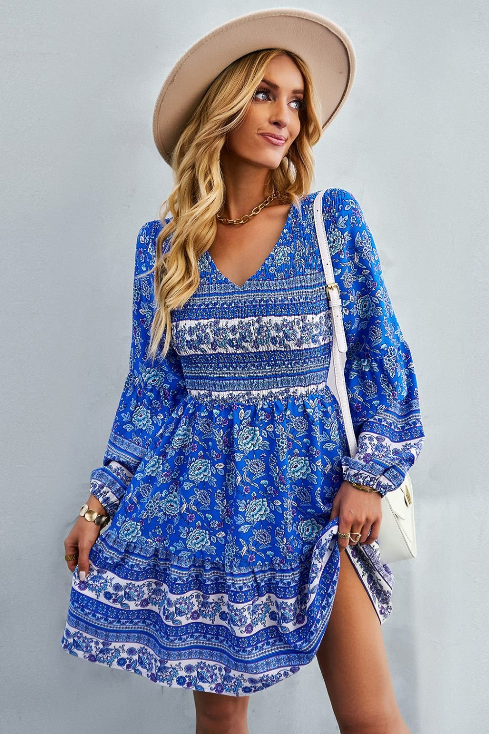 Bohemian V-Neck Balloon Sleeve Dress - Shah S. Sahota