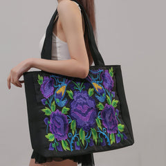 Flower & Bird Embroidered Tote Bag, Large Capacity Shoulder Bag, Stylish Handbag - Shah S. Sahota
