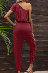 Drawstring Waist One-Shoulder Jumpsuit with Pockets - Shah S. Sahota