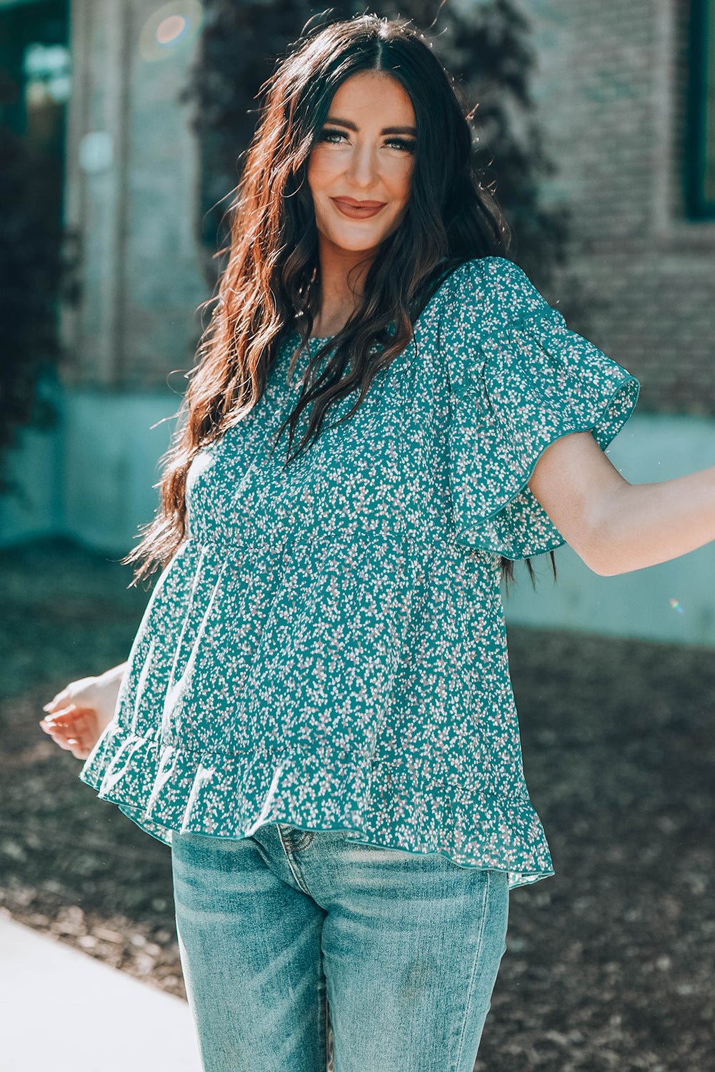 Floral Flare Sleeve Ruffle Hem Top - Shah S. Sahota