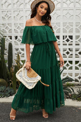 Swiss Dot Off-Shoulder Tiered Maxi Dress - Shah S. Sahota