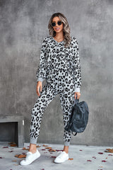 Leopard V-Neck Dropped Shoulder Loungewear Set - Shah S. Sahota