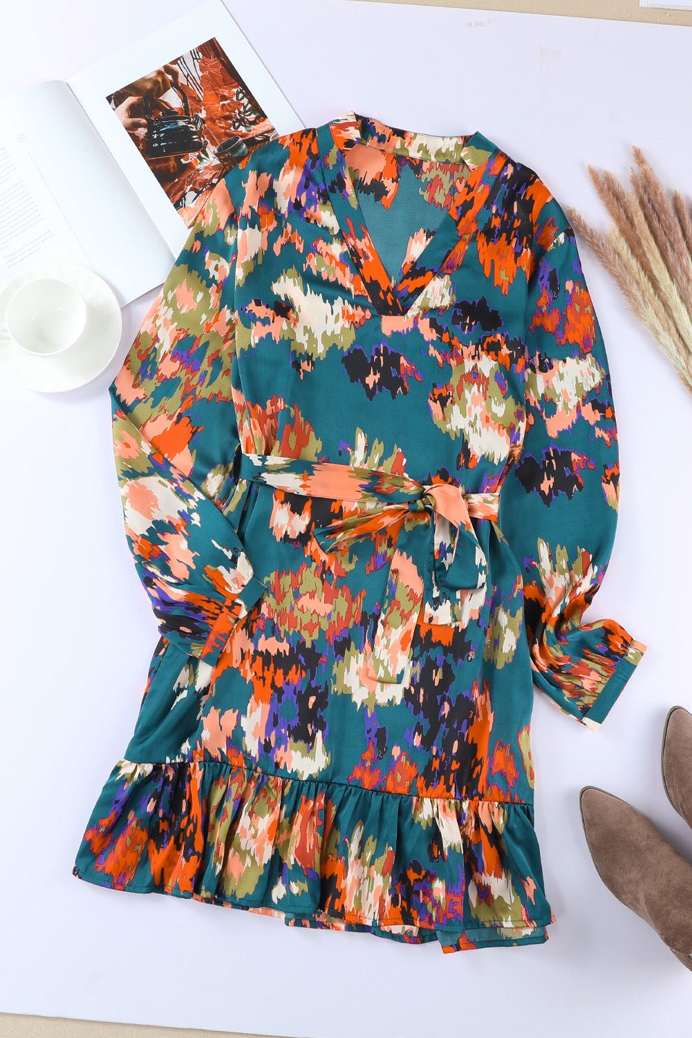 Abstract Print Belted Ruffle Hem Dress - Shah S. Sahota