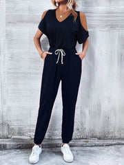 V-Neck Cold-Shoulder Jumpsuit with Pockets - Shah S. Sahota