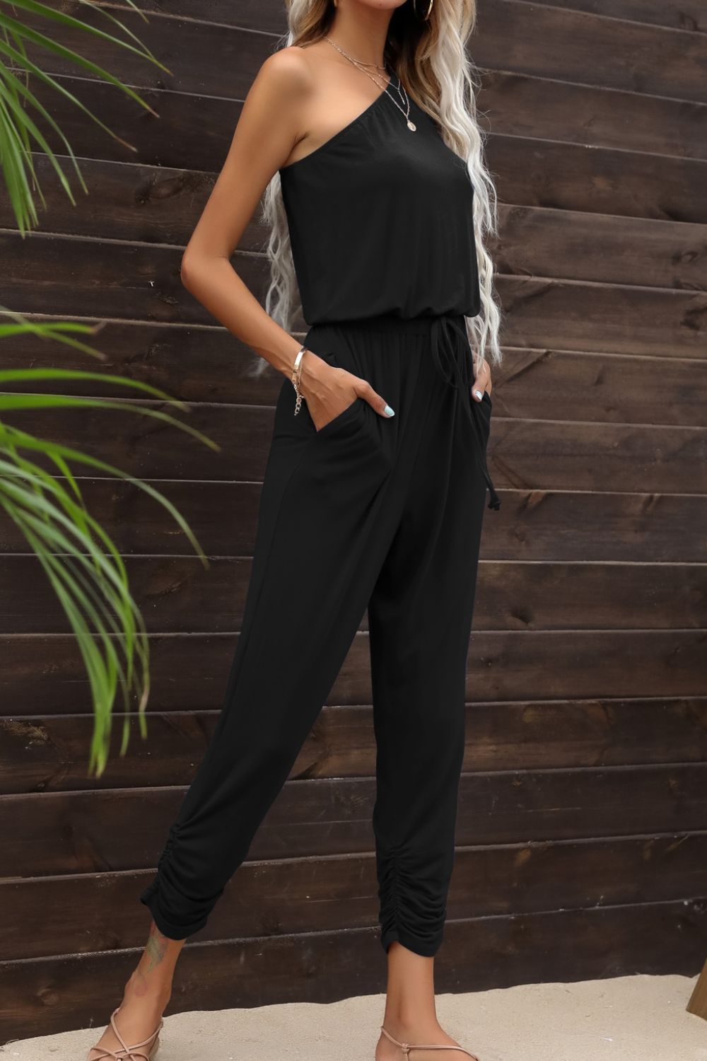 Drawstring Waist One-Shoulder Jumpsuit with Pockets - Shah S. Sahota