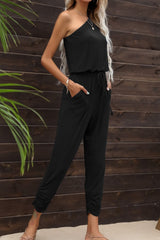 Drawstring Waist One-Shoulder Jumpsuit with Pockets - Shah S. Sahota