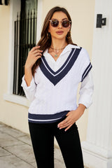 Contrast V-Neck Cap Sleeve Sweater Vest - Shah S. Sahota