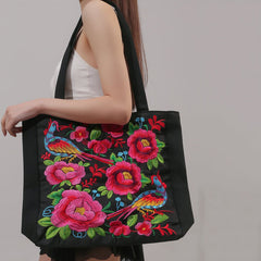 Flower & Bird Embroidered Tote Bag, Large Capacity Shoulder Bag, Stylish Handbag - Shah S. Sahota