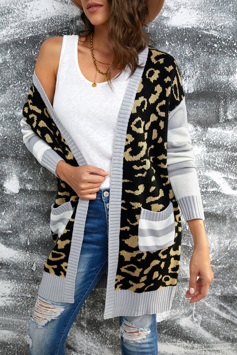 Leopard Print Striped Sleeve Open Front Longline Cardigan - Shah S. Sahota