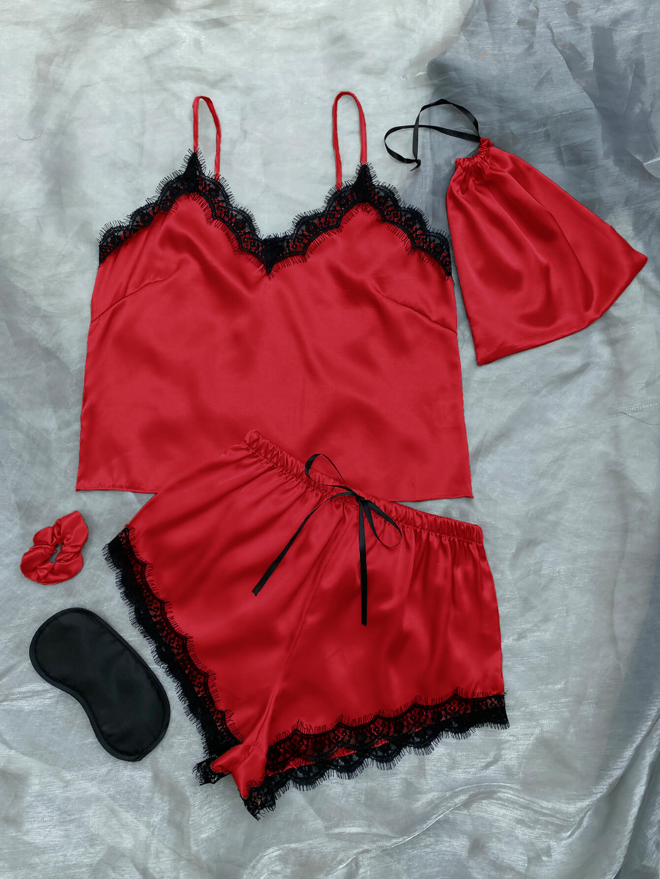 Lace Trim Cami, Shorts, Eye Mask, Scrunchie, and Bag Pajama Set - Shah S. Sahota