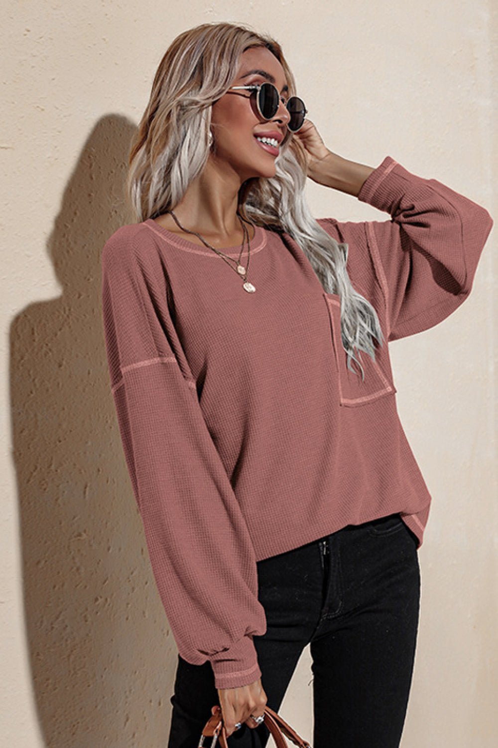 Contrast Stitching Waffle Top - Shah S. Sahota