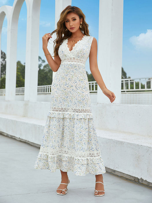 Printed Lace Detail Tiered Maxi Dress