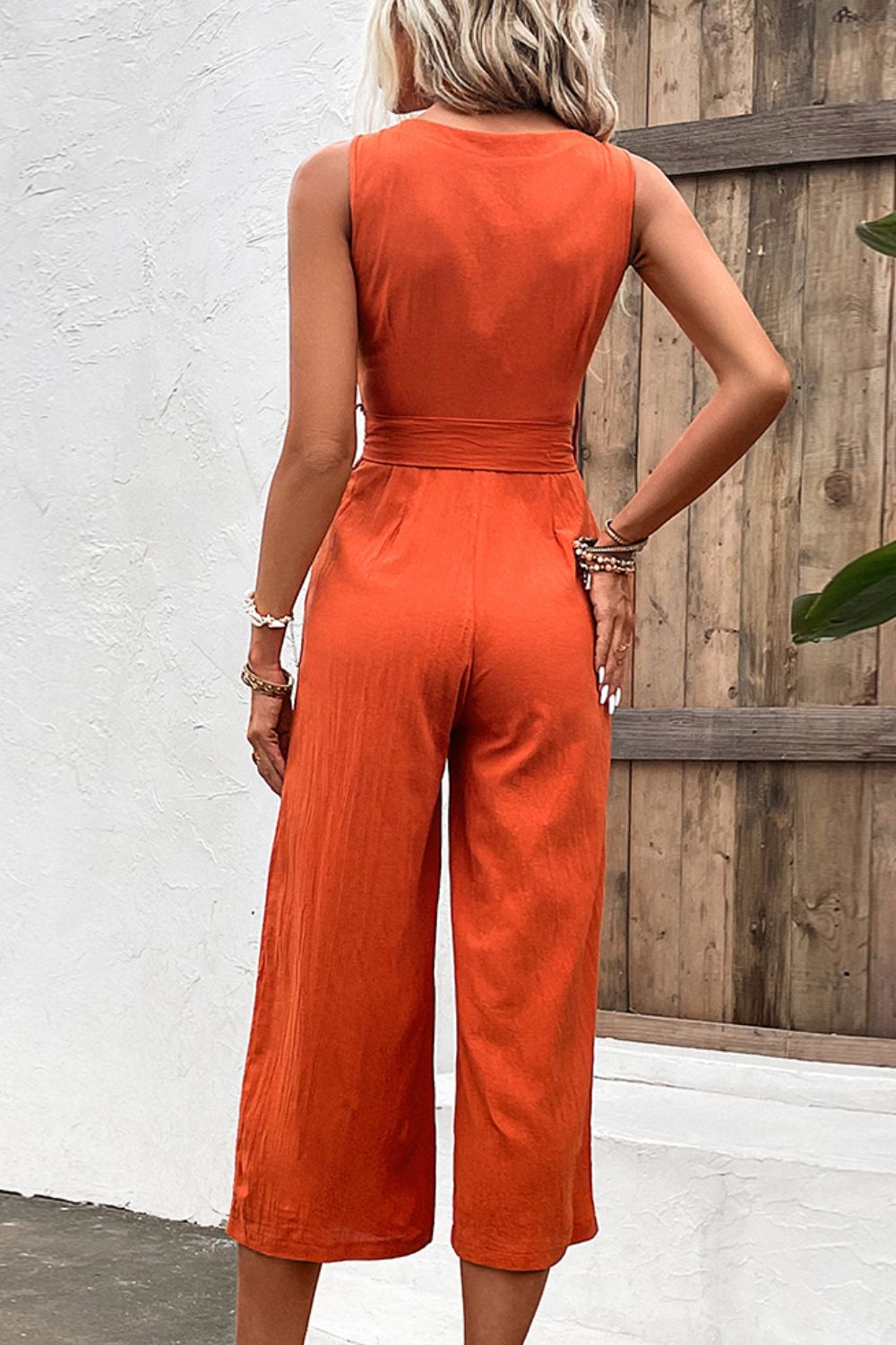 Tie Belt Sleeveless Jumpsuit with Pockets - Shah S. Sahota