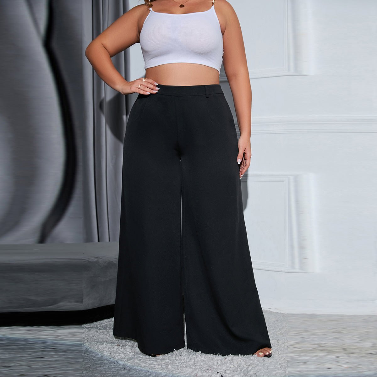 Plus Size Black High Rise Wide Leg Pants - Shah S. Sahota