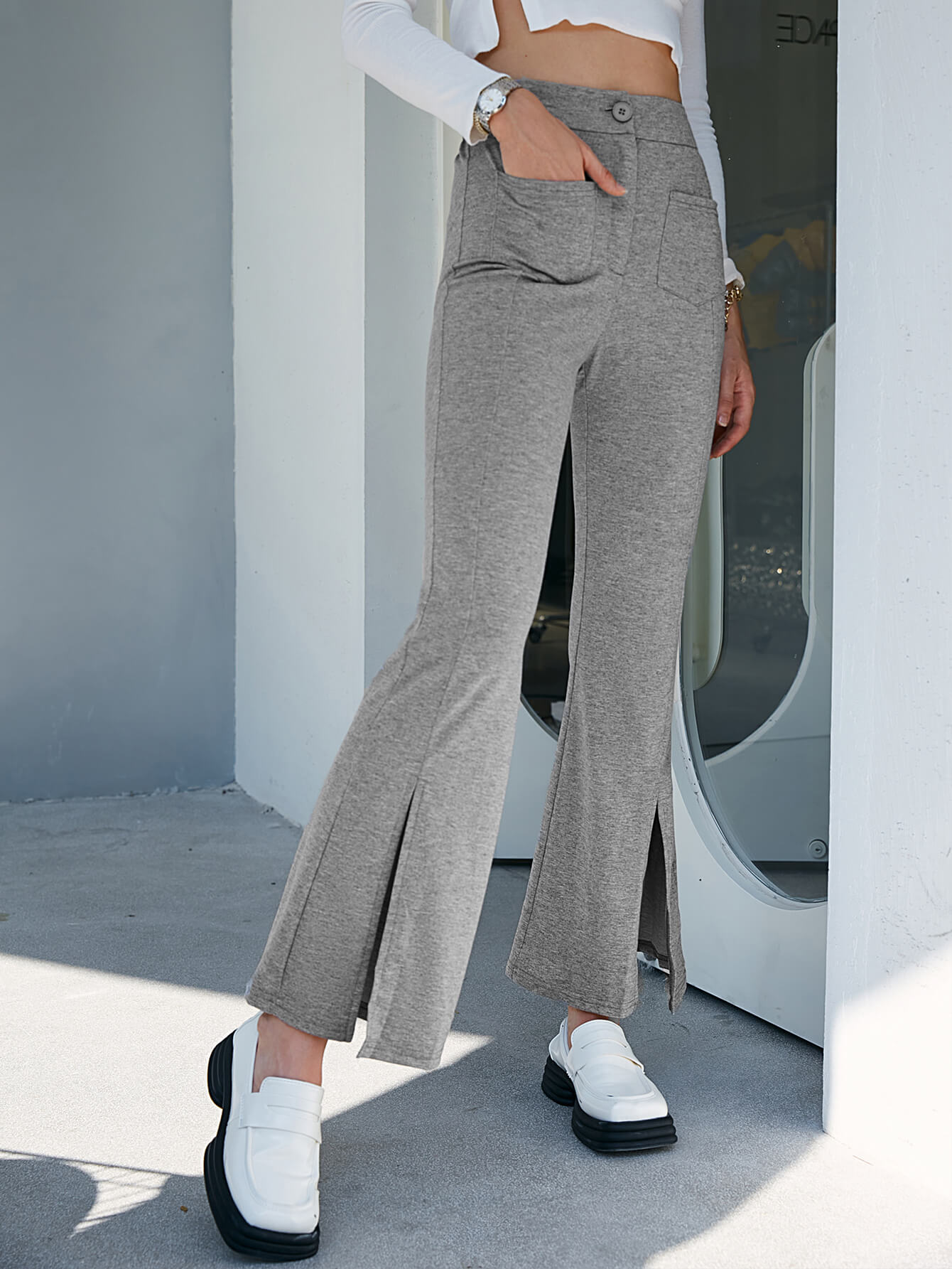 Heathered Slit Ankle Flare Pants - Shah S. Sahota