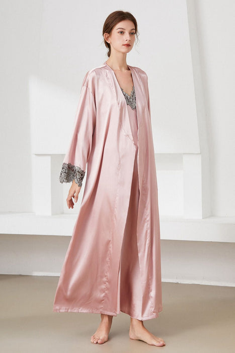 Contrast Lace Trim Satin Night Dress and Robe Set - Shah S. Sahota