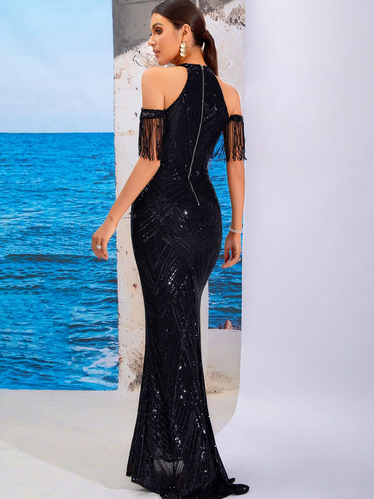 Sequin Cold-Shoulder Fringe Detail Dress - Shah S. Sahota