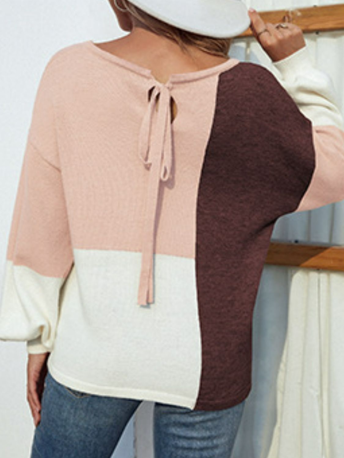 Color Block Tie Back Lantern Sleeve Sweater - Shah S. Sahota