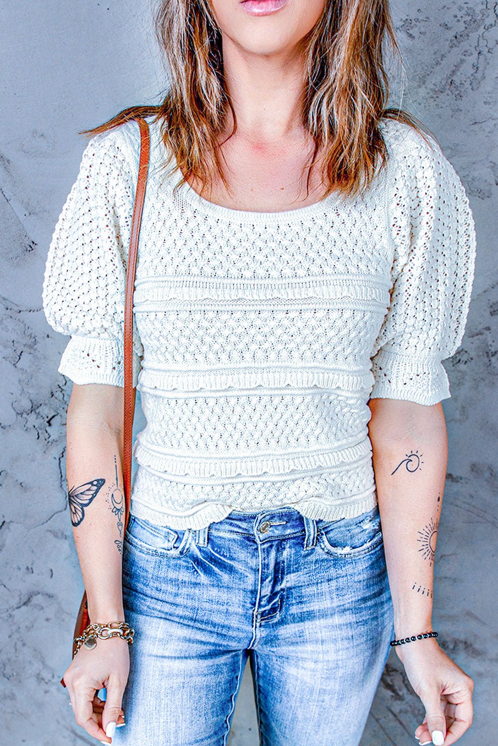 Flounce Sleeve Openwork Knit Top - Shah S. Sahota