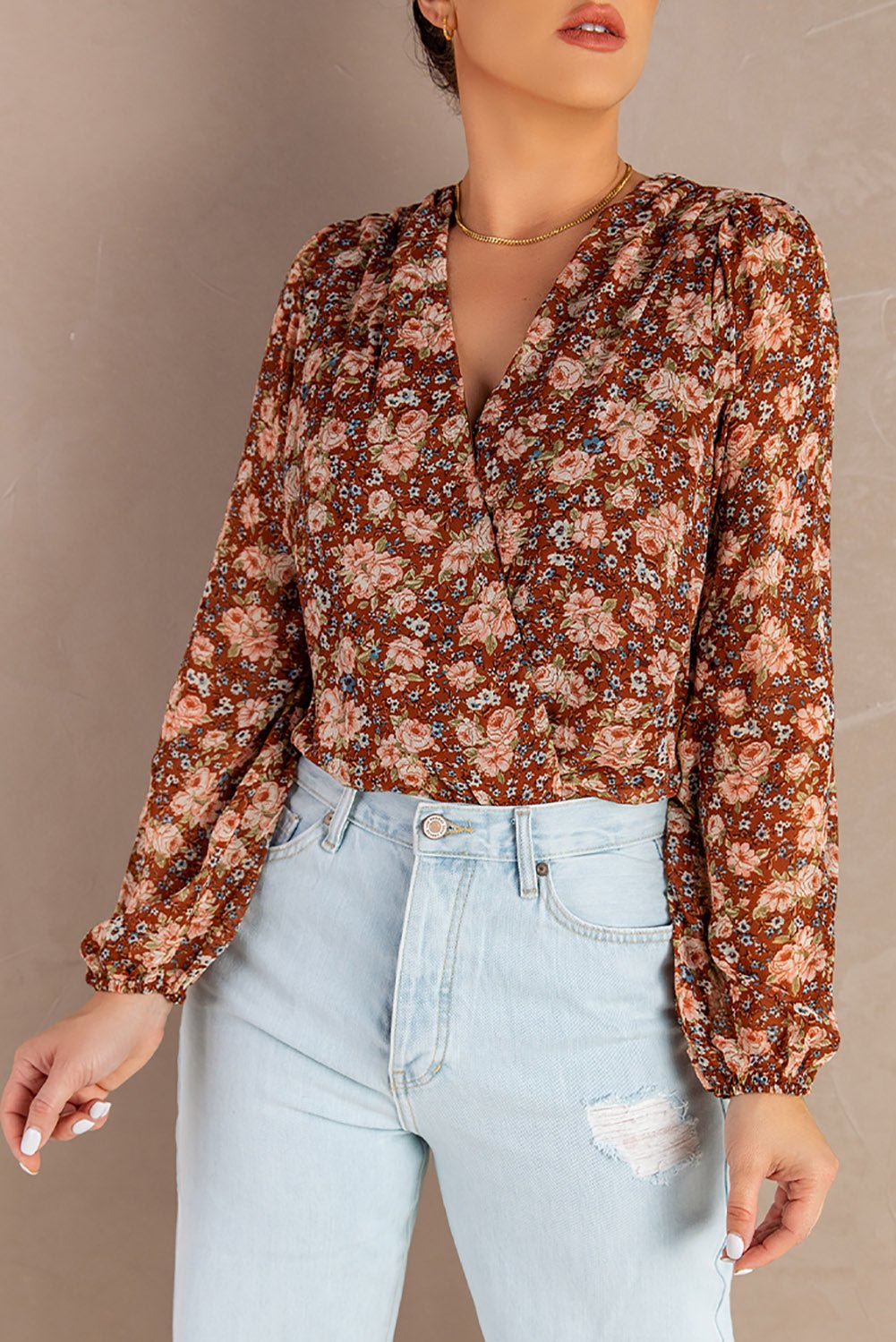Floral Balloon Sleeve Surplice Blouse - Shah S. Sahota