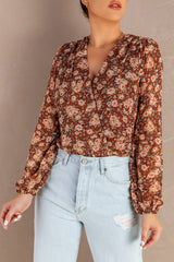 Floral Balloon Sleeve Surplice Blouse - Shah S. Sahota