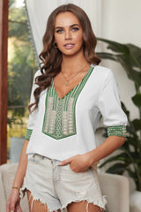 Deep V-Neck Embroidery Patch Blouse - Shah S. Sahota