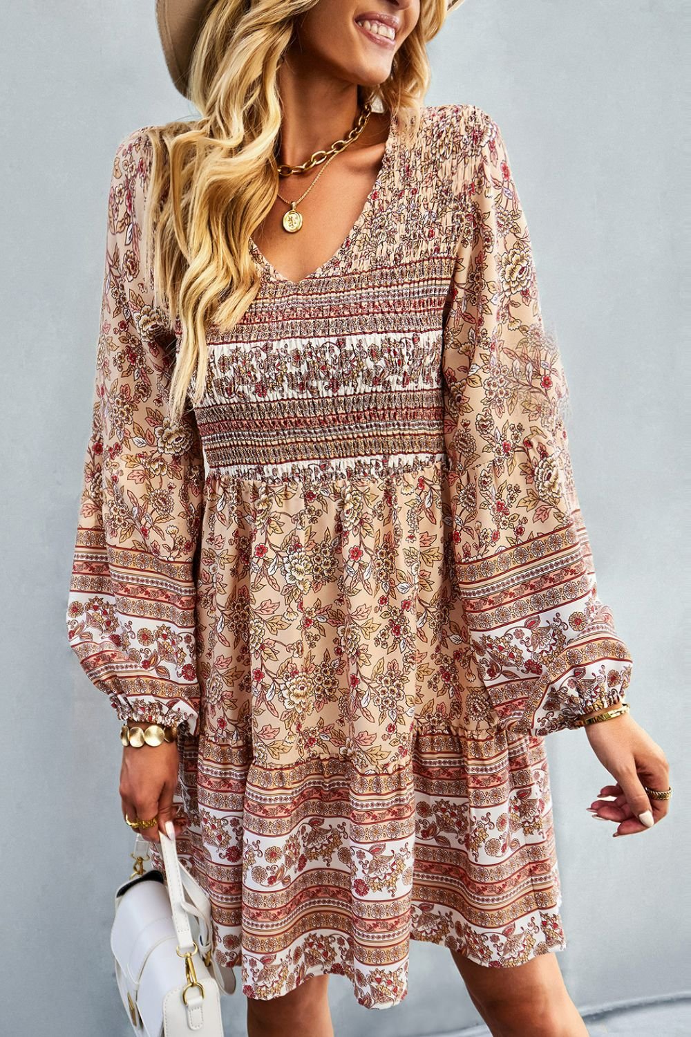 Bohemian V-Neck Balloon Sleeve Dress - Shah S. Sahota