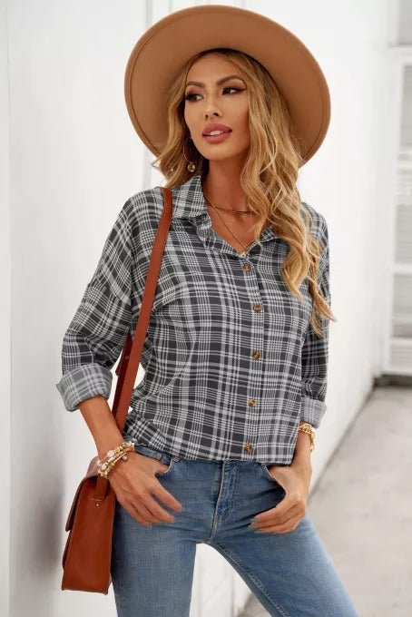 Plaid Print Drop Shoulder Button Down Shirt - Shah S. Sahota