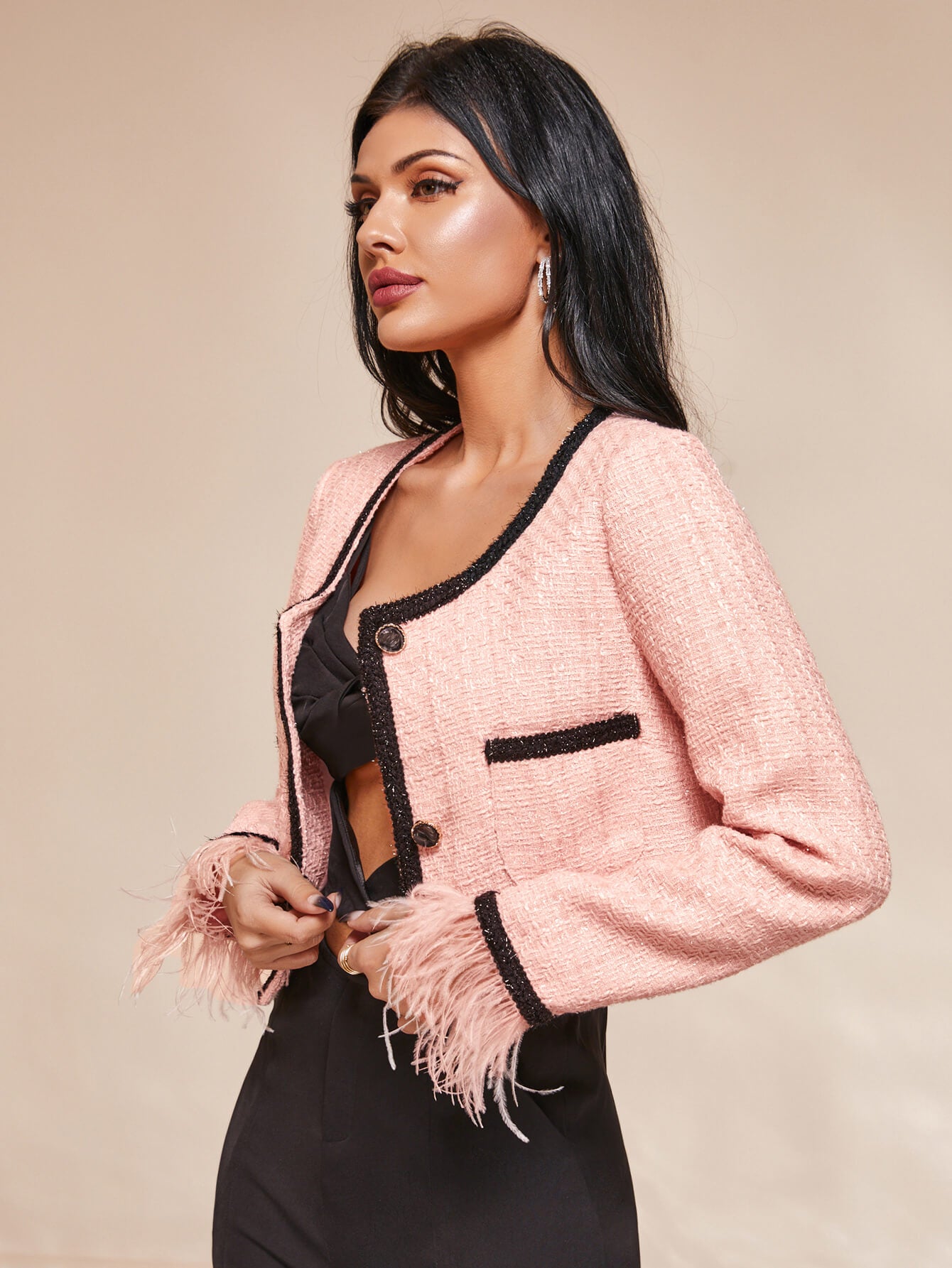 Contrast Feather Trim Cuff Cropped Jacket - Shah S. Sahota
