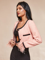 Contrast Feather Trim Cuff Cropped Jacket - Shah S. Sahota