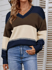 Color Block V-Neck Dropped Shoulder Tunic Sweater - Shah S. Sahota