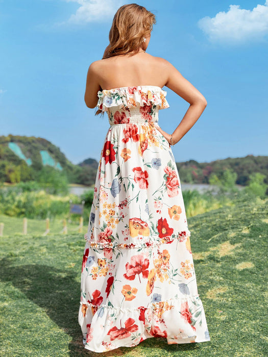 Floral Strapless Frill Trim Tiered Dress - Shah S. Sahota