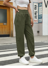 Casual Shirred Elastic High Waist Tie With Pocket Pants