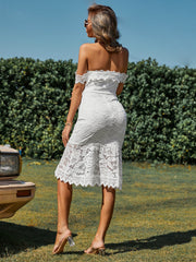 Belted Off-Shoulder Lace Fishtail Dress - Shah S. Sahota