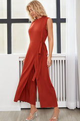 Belted Mock Neck Sleeveless Jumpsuit - Shah S. Sahota