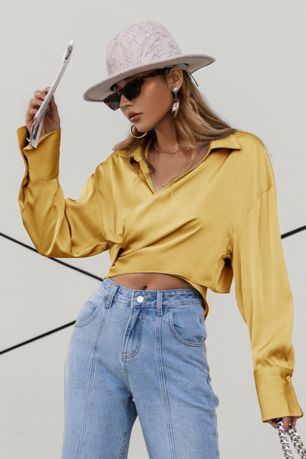 Satin Bishop Sleeve Cropped Wrap Top - Shah S. Sahota