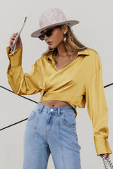 Satin Bishop Sleeve Cropped Wrap Top - Shah S. Sahota