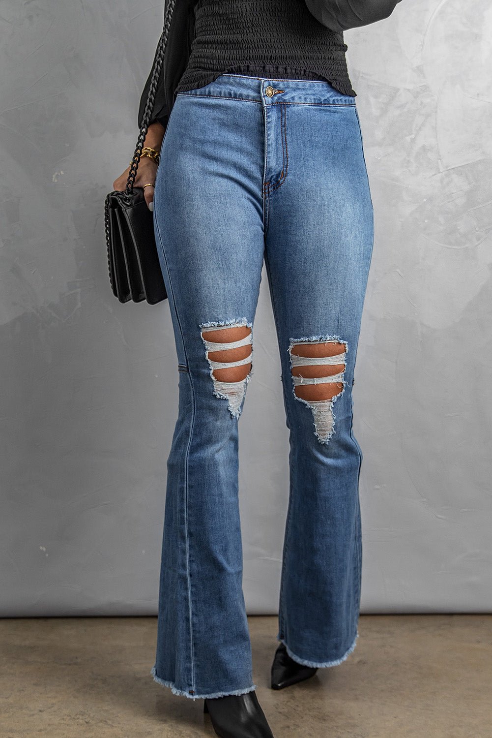 Distressed Raw Hem High-Waist Flare Jeans - Shah S. Sahota