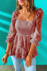 Applique Flounce Sleeve Smocked Peplum Top - Shah S. Sahota