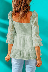 Applique Flounce Sleeve Smocked Peplum Top - Shah S. Sahota