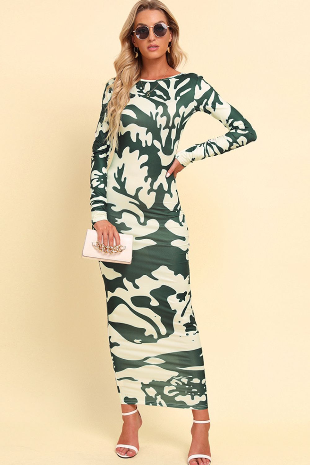 Printed Backless Long Sleeve Maxi Dress - Shah S. Sahota