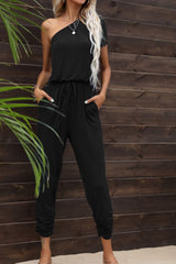Drawstring Waist One-Shoulder Jumpsuit with Pockets - Shah S. Sahota