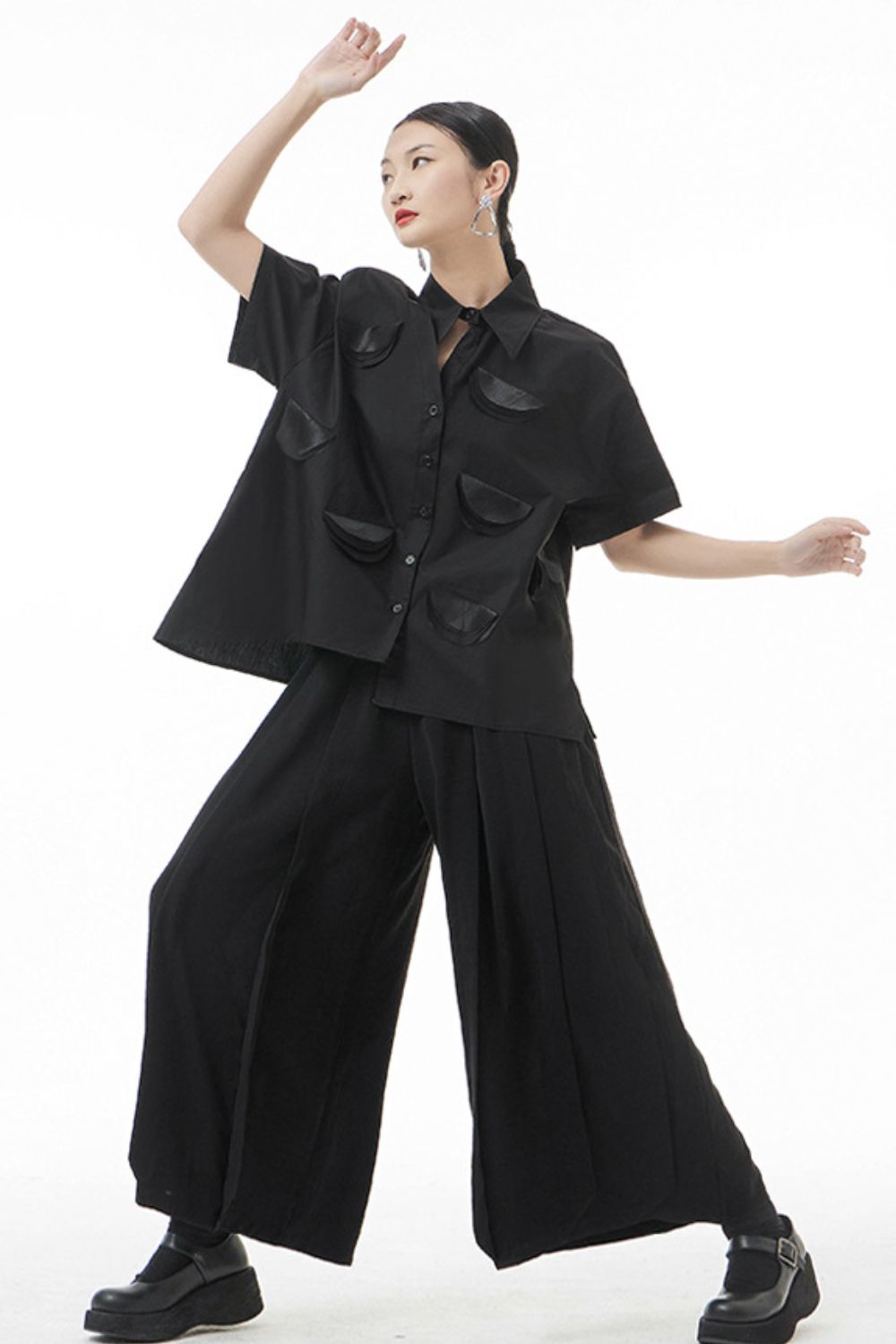 Cutout Pointed Collar Button Front Shirt - Shah S. Sahota
