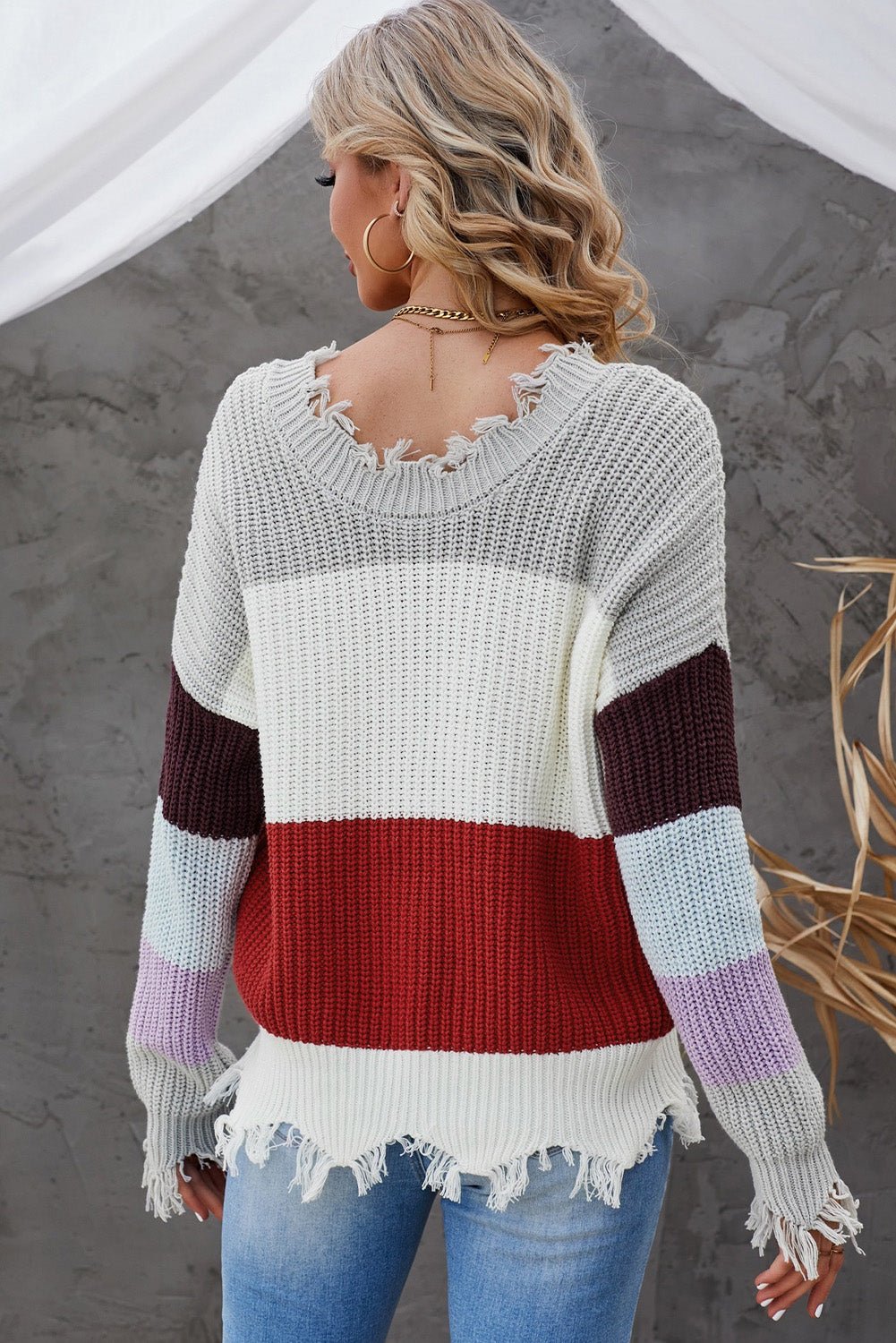 Color Block Distressed V-Neck Ribbed Sweater - Shah S. Sahota