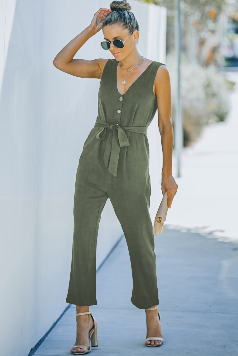 Belted V-Neck Sleeveless Jumpsuit with Pockets - Shah S. Sahota