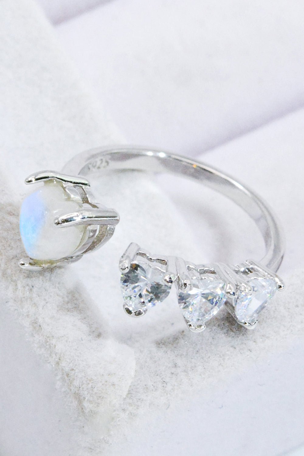 Natural Moonstone and Zircon Heart Open Ring - Shah S. Sahota