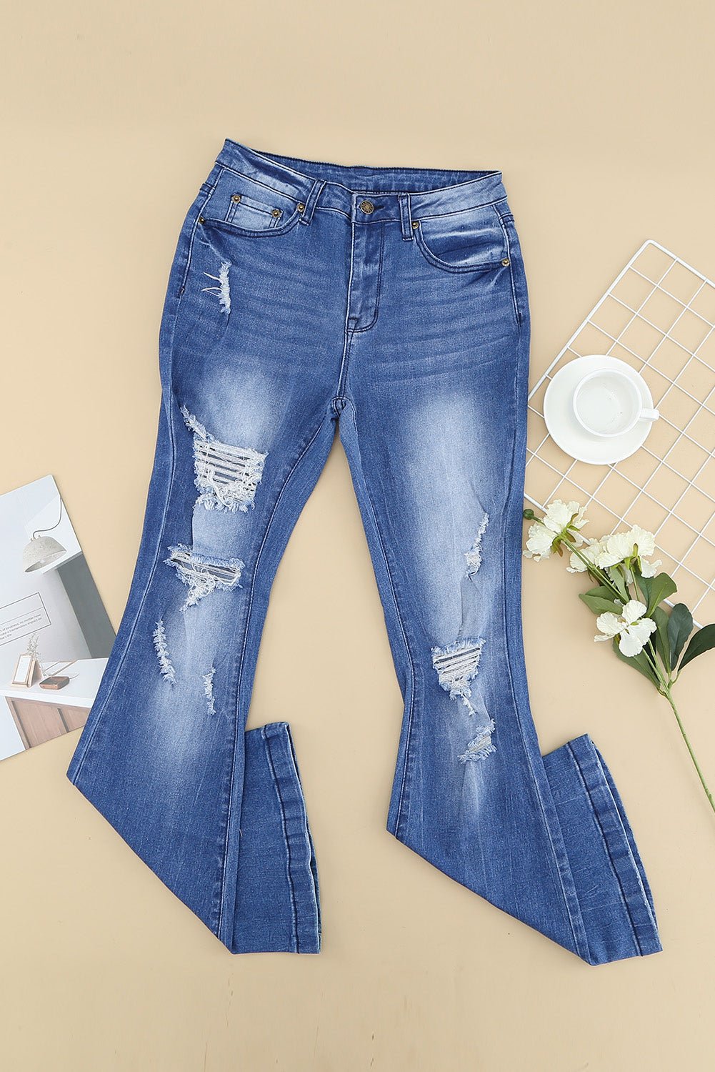 Distressed Flare Leg Jeans with Pockets - Shah S. Sahota