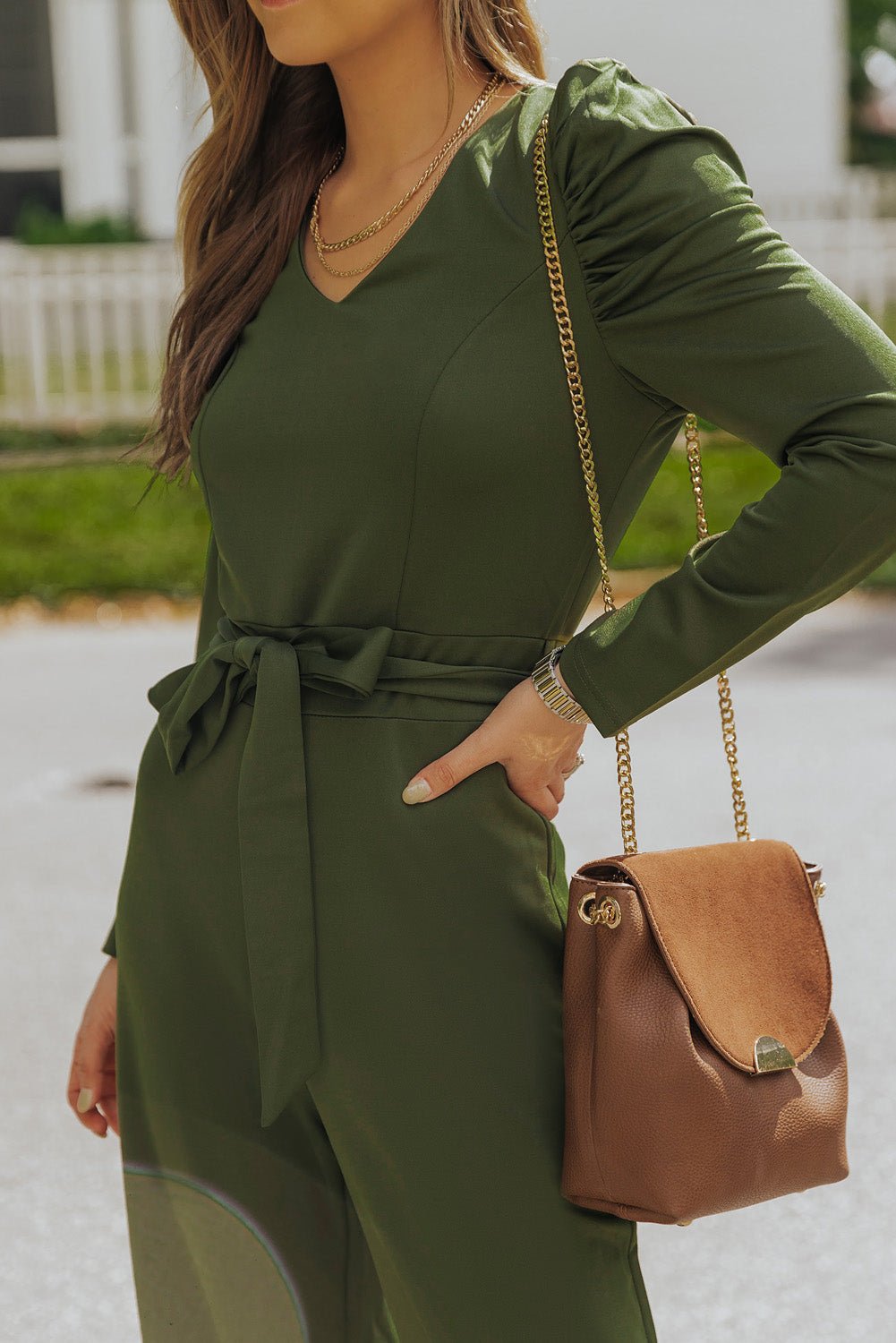 Belted Long Puff Sleeve V-Neck Jumpsuit - Shah S. Sahota